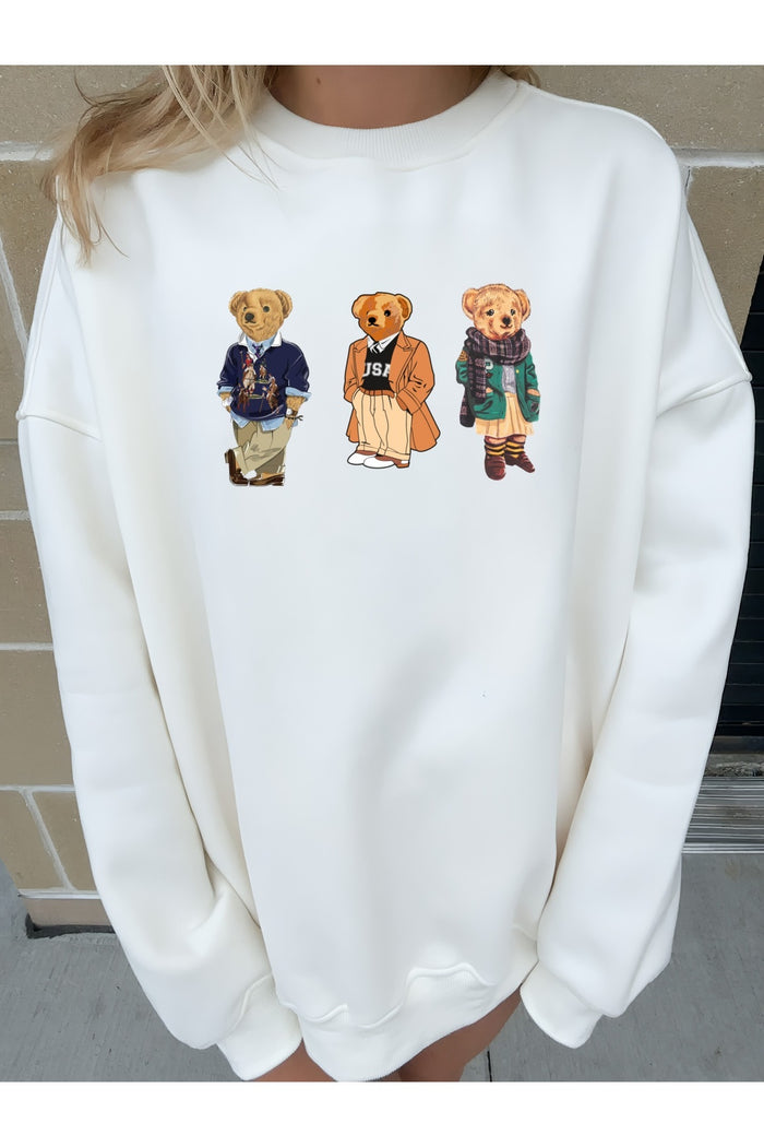 JC Ayıcık Baskılı Beyaz Organik Pamuk Sweatshirt