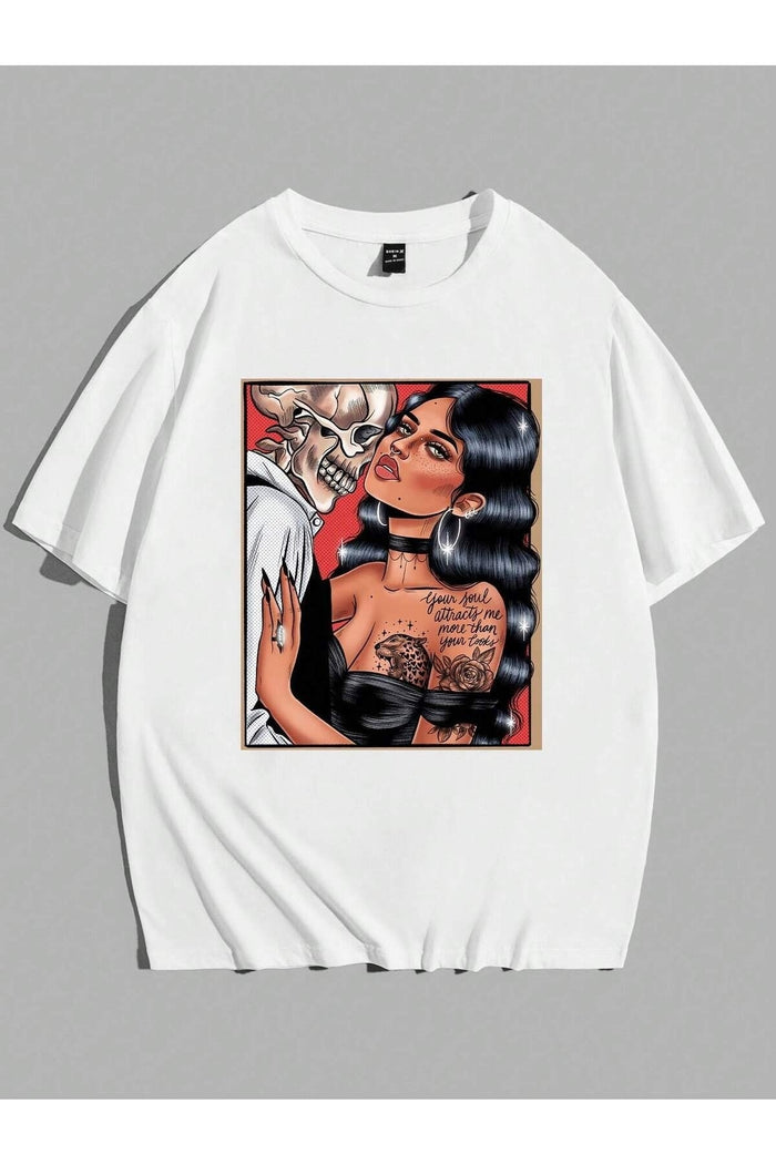 UNISEX BEYAZ BASKILI OVERSIZE KESİM KISA KOLLU T-SHIRT