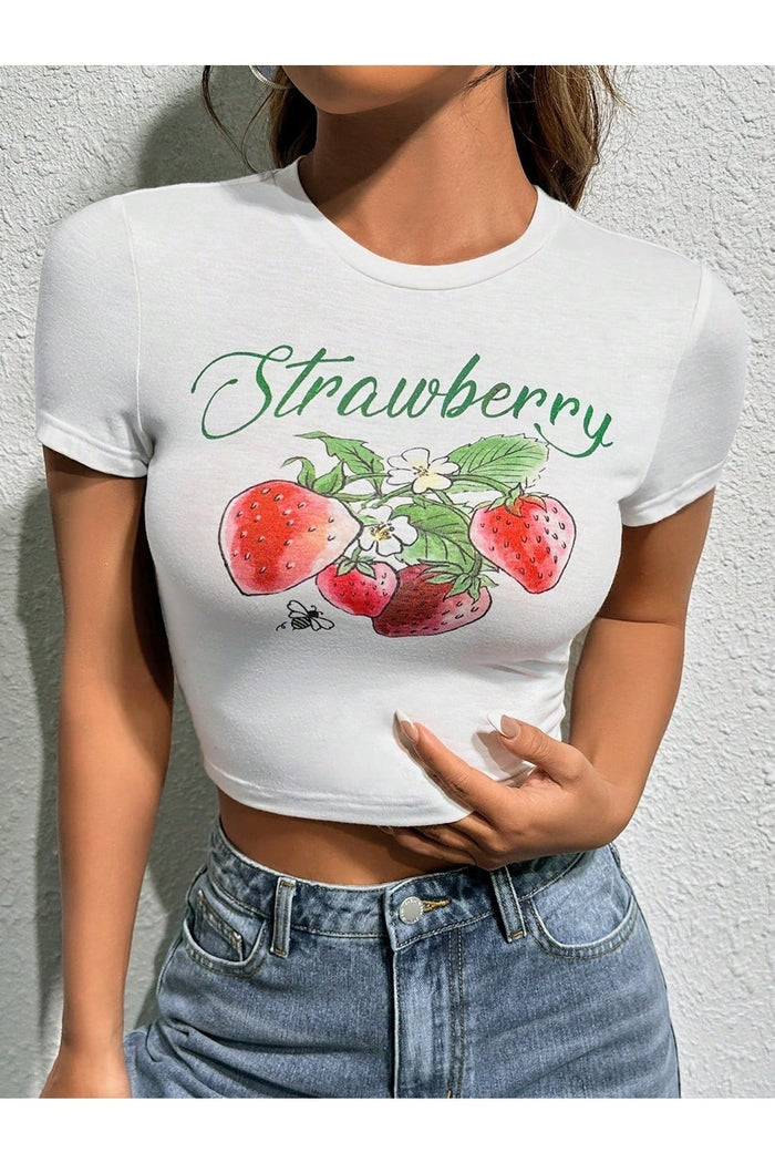 Kadın Beyaz Baskılı Kısa Kollu Vücuda Oturan Crop Bluz