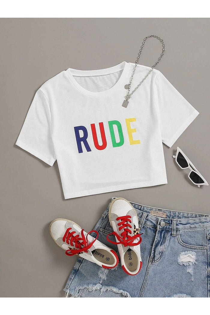 KADIN BEYAZ BASKILI KISA KOLLU VÜCUDA OTURAN CROP TOP BABY TEE BLUZ JC2023254