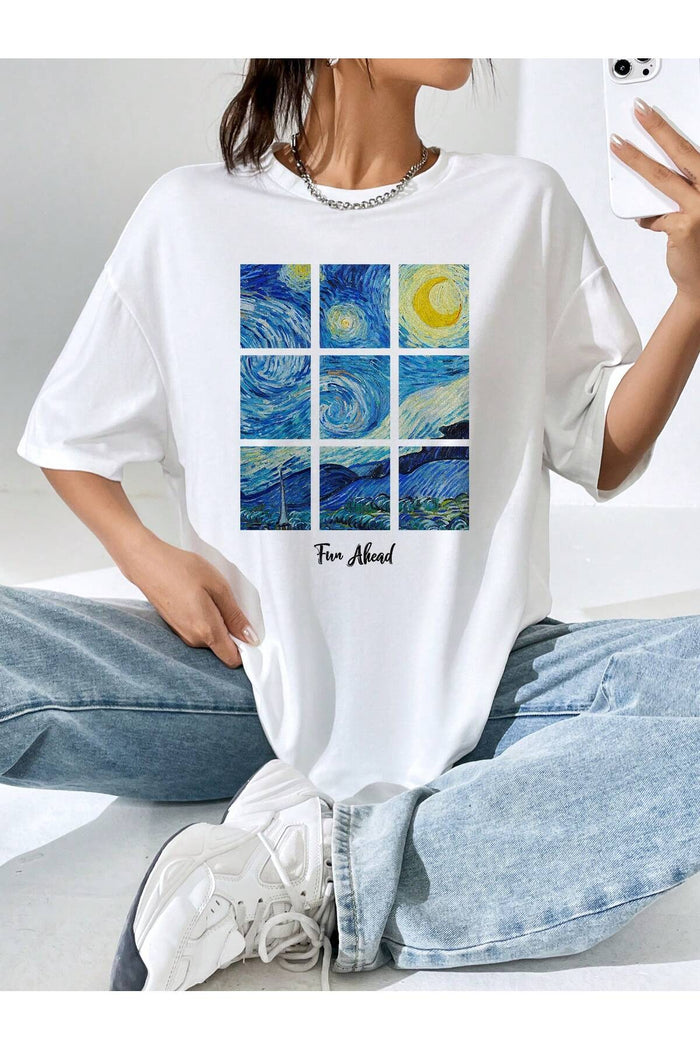 Unisex Beyaz Baskılı Organik Pamuk Oversize Kesim T-shirt
