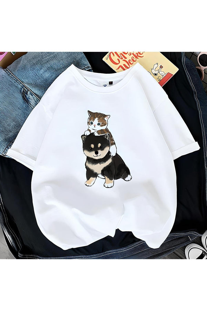 UNISEX BEYAZ OVERSIZE KESİM BASKILI KISA KOLLU T-SHIRT