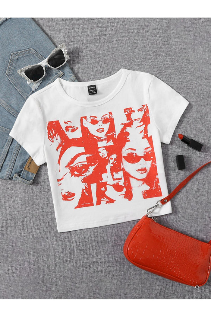 Kadın Beyaz Baskılı Kısa Kollu Crop Bluz