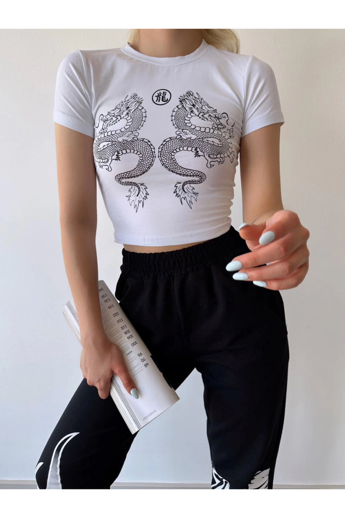Kadın Beyaz Baskılı Kısa Kollu Crop Bluz