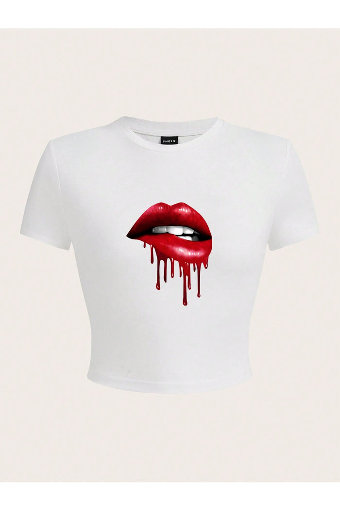 Kadın Beyaz Baskılı Kısa Kollu Crop Bluz
