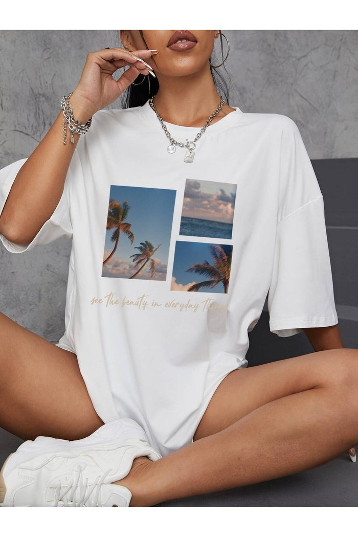 Unisex Beyaz Baskılı Organik Pamuk Oversize Kesim T-shirt