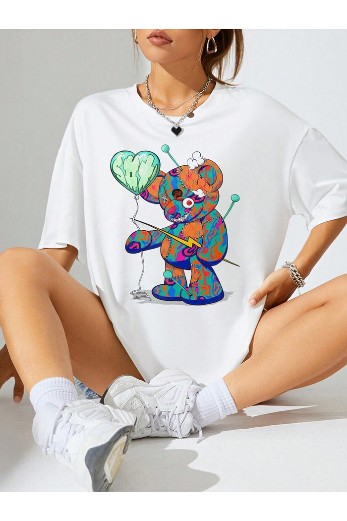 Unisex Beyaz Baskılı Organik Pamuk Oversize Kesim T-shirt