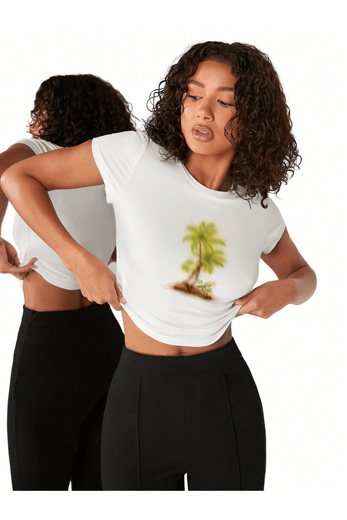 Kadın Beyaz Baskılı Kısa Kollu Crop Bluz