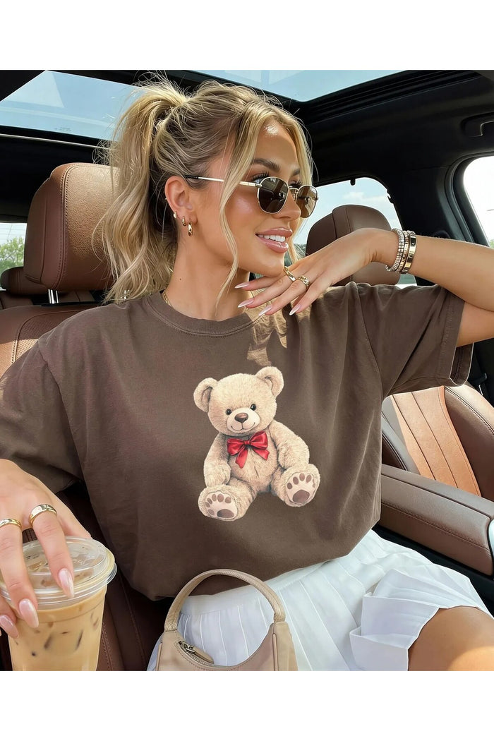 Oversize Kesim Kısa Kollu Bear Baskılı T-shirt