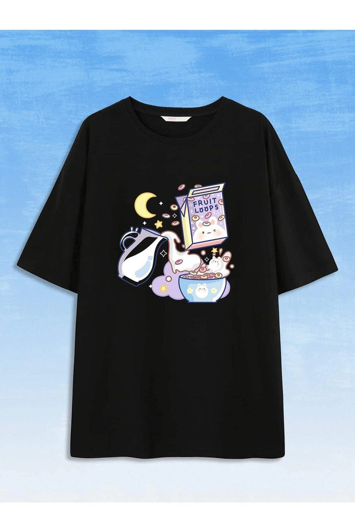 UNISEX SİYAH OVERSIZE KESİM BASKILI KISA KOLLU TASARIM T-SHİRT