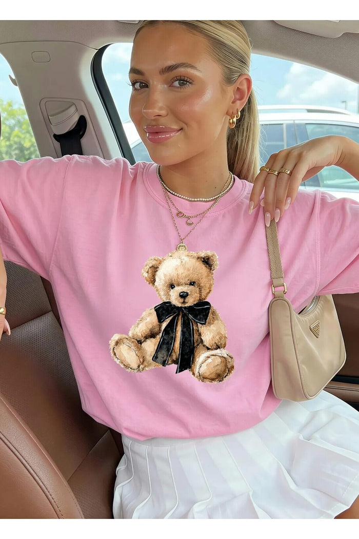 Oversize Kesim Kısa Kollu Bear Baskılı T-shirt