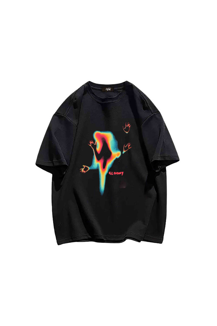 Unisex Streetwear Serisi Siyah Baskılı Bisiklet Yaka Oversize Kesim T-shirt