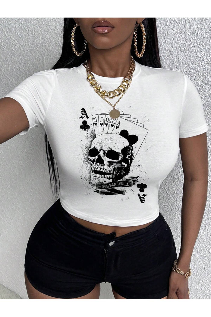Kadın Beyaz Baskılı Kısa Kollu Crop Bluz