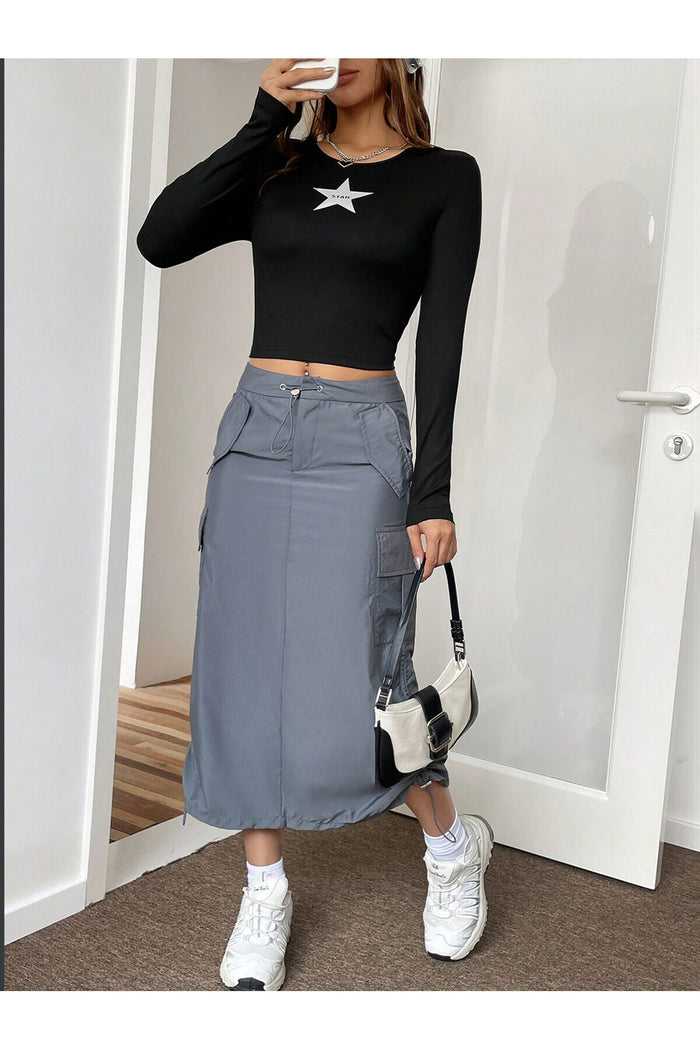 Kadın Siyah Baskılı Bisiklet Yaka Uzun Kollu Y2K Fitilli Crop Bluz