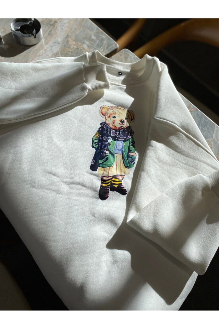 JC Teddy Bear Baskılı Beyaz Organik Pamuk Sweatshirt