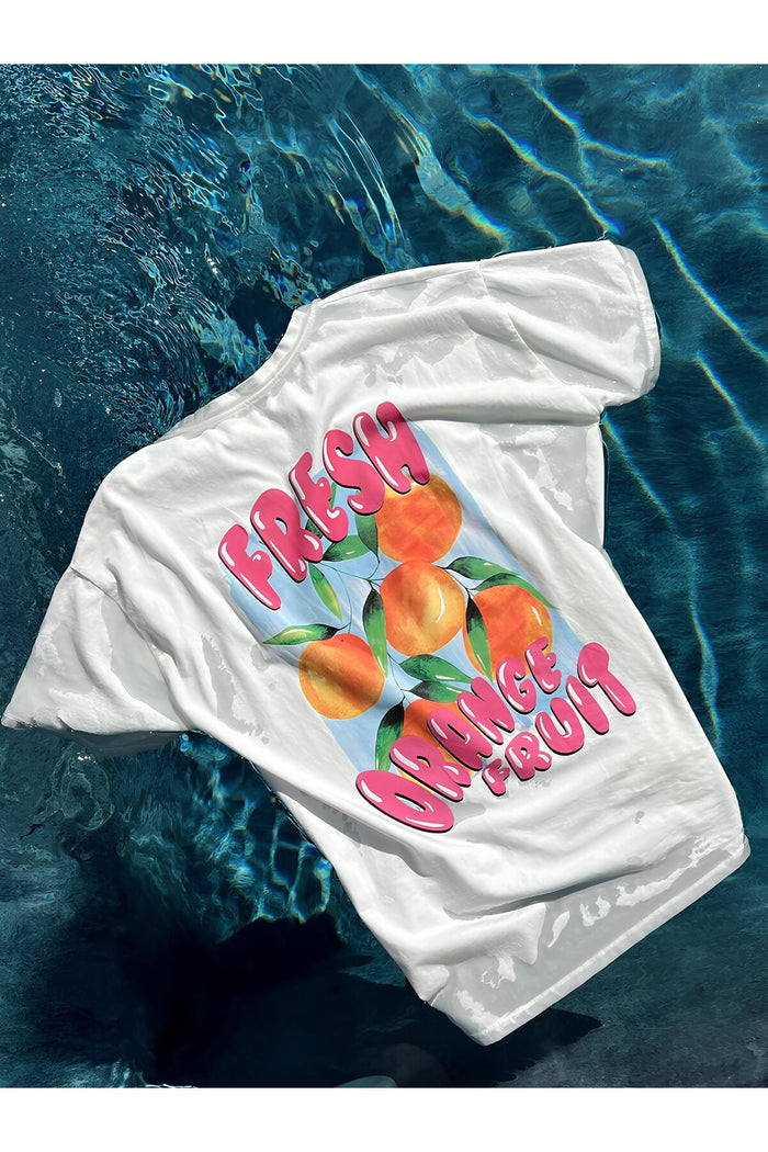 Amalfi Serisi Beyaz Baskılı Kısa Kollu Organik Pamuk Oversize Tshirt