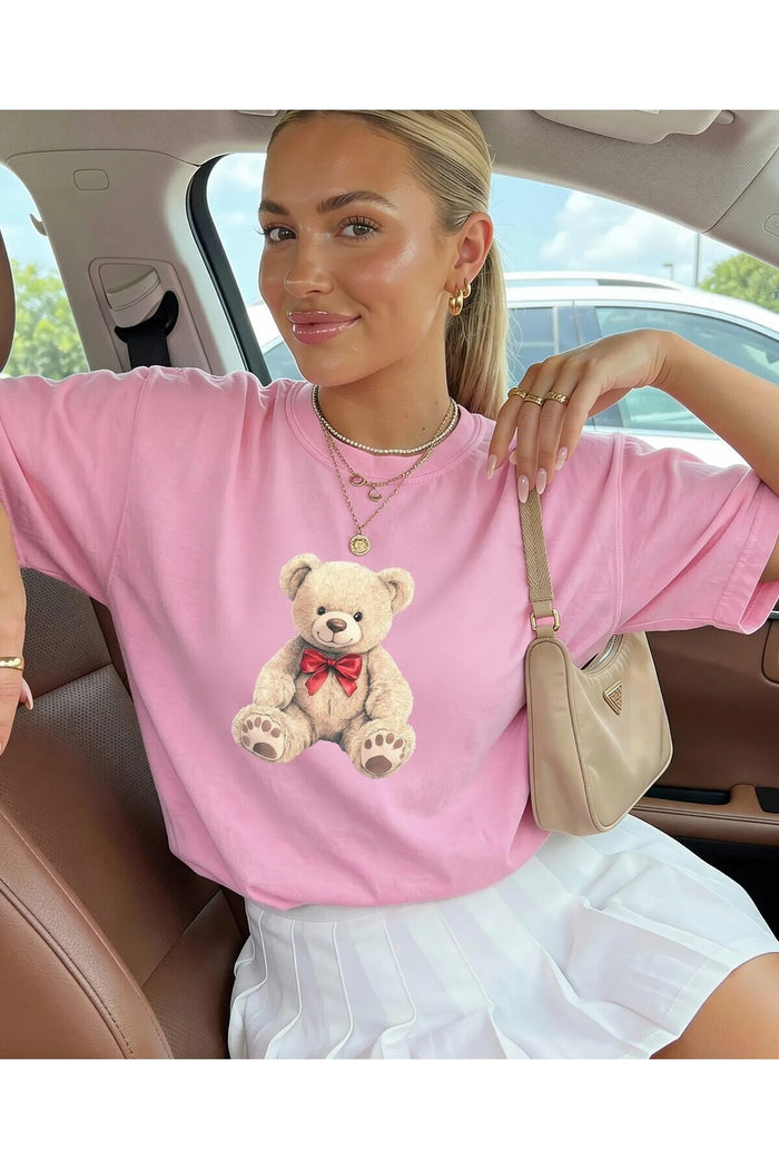 Oversize Kesim Kısa Kollu Bear Baskılı T-shirt