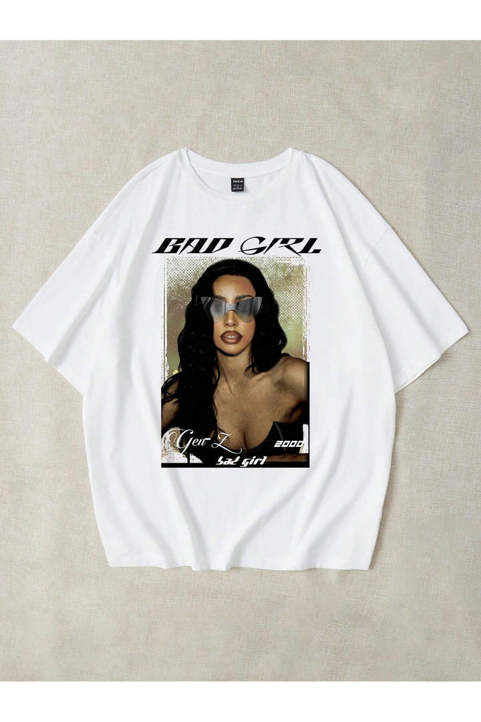 Beyaz Baskılı Organik Pamuk Oversize Kesim T-shirt