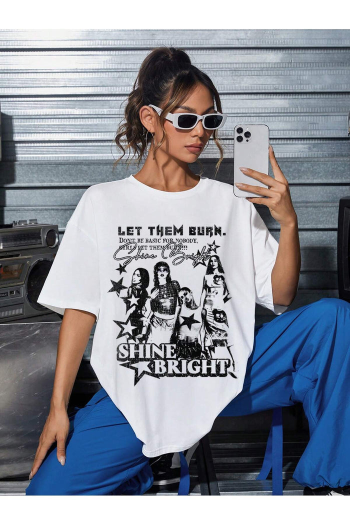 Beyaz Baskılı Organik Pamuk Oversize Kesim T-shirt