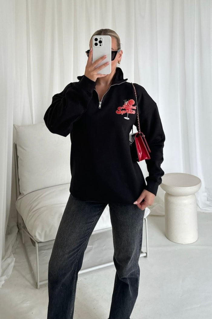 Amalfi Serisi Fermuarlı Oversize Kesim Baskılı Şardonlu Organik Pamuk Sweatshirt