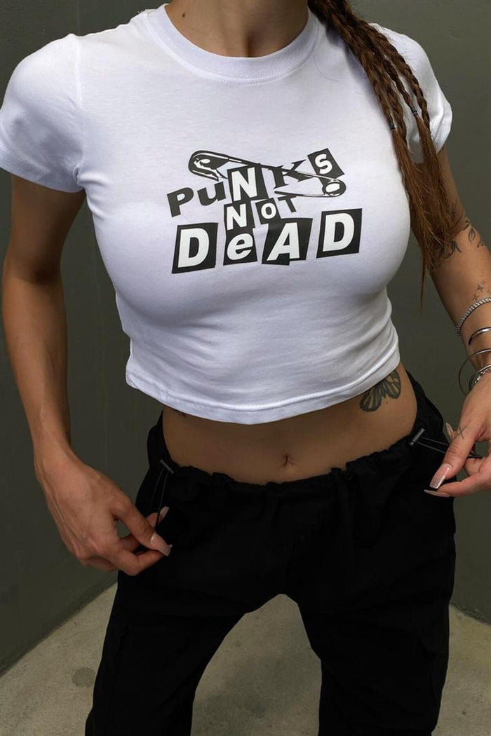 Kadın Beyaz Baskılı Kısa Kollu Vücuda Oturan Crop Top