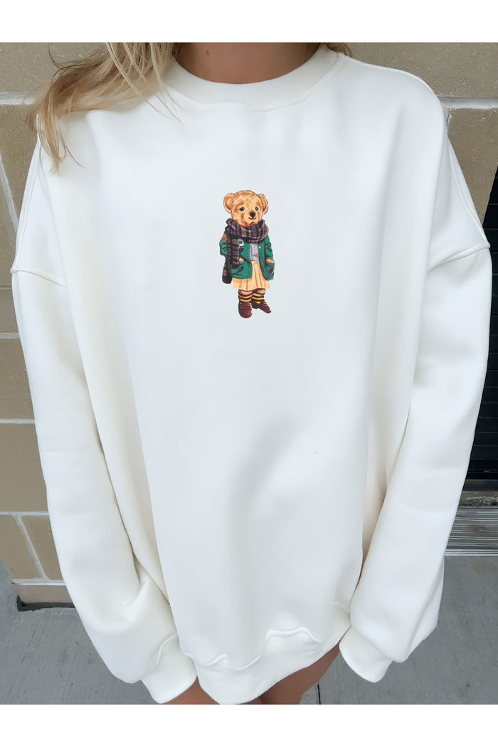 JC Ayıcık Baskılı Beyaz Organik Pamuk Sweatshirt