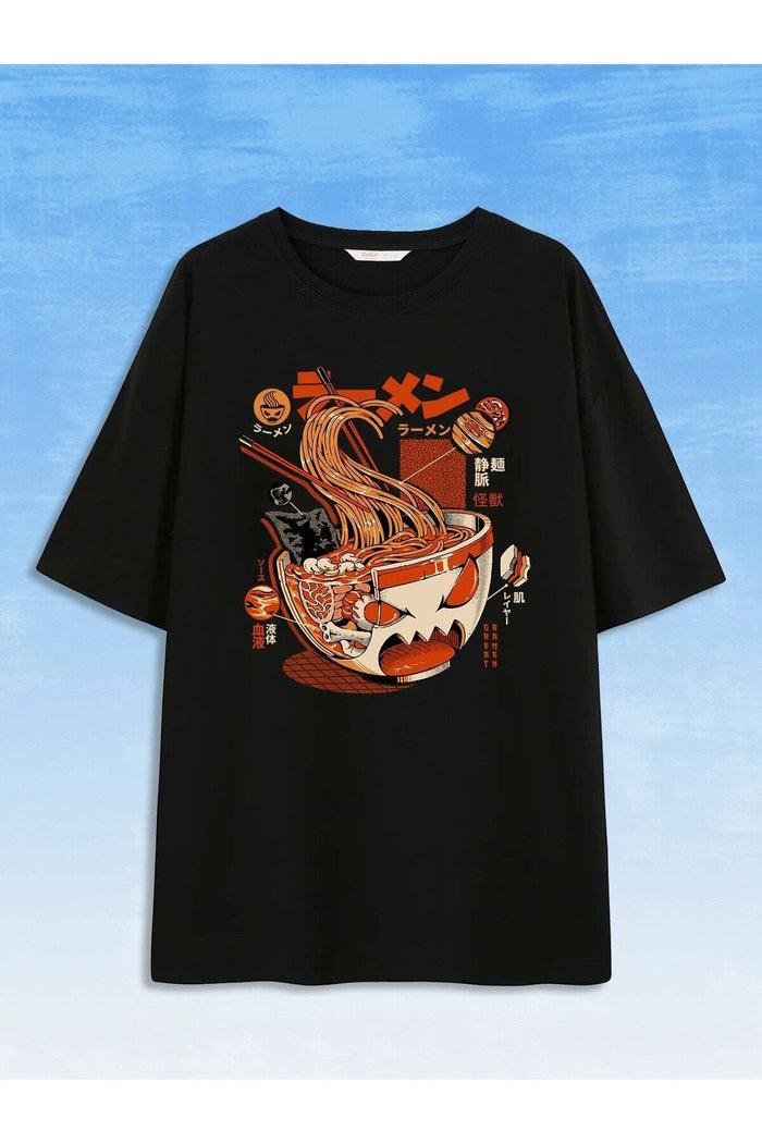 UNISEX SİYAH OVERSIZE KESİM BASKILI KISA KOLLU TASARIM T-SHİRT
