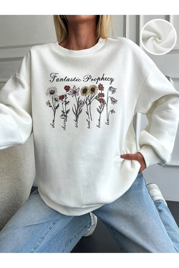 Oversize Kesim Baskılı Uzun Kollu Şardonlu Sweatshirt