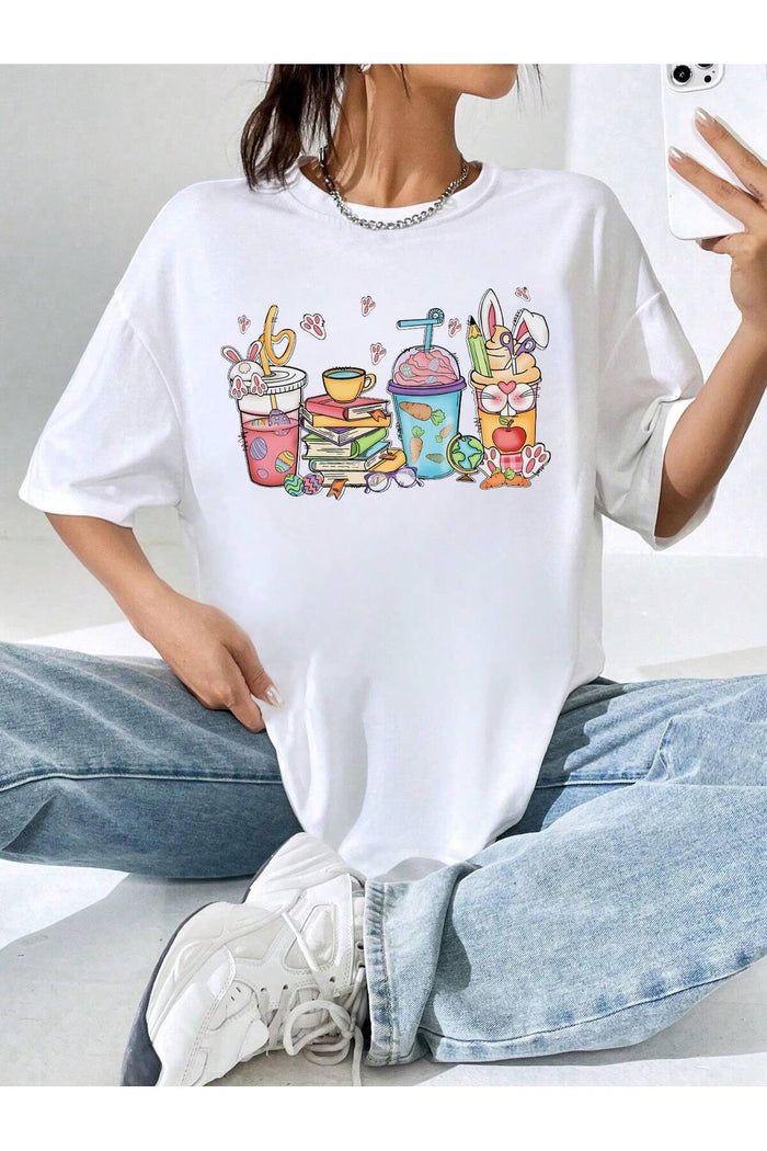 Unisex Beyaz Baskılı Organik Pamuk Oversize Kesim T-shirt