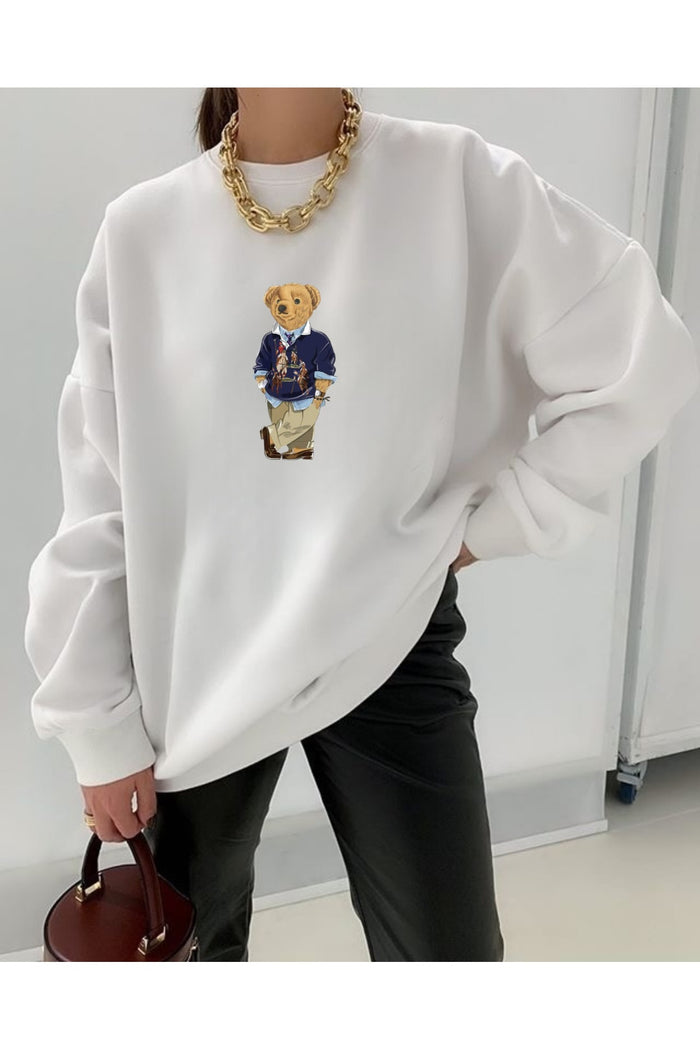 JC Ayıcık Baskılı Beyaz Organik Pamuk Sweatshirt