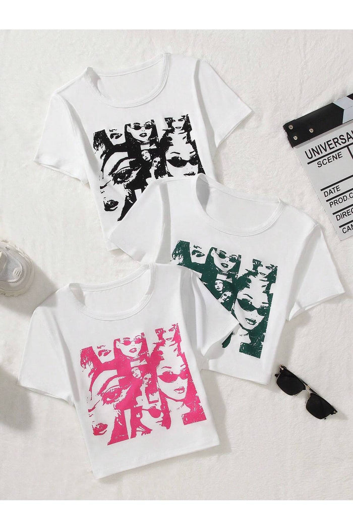 Kadın Beyaz Baskılı Kısa Kollu Crop Bluz 3'lü Set