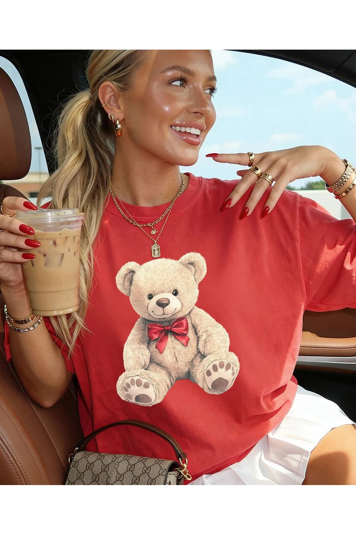 Oversize Kesim Kısa Kollu Bear Baskılı T-shirt