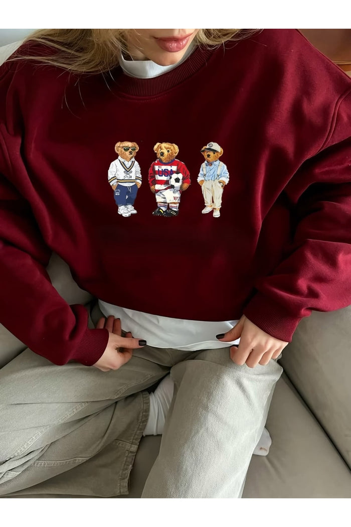 Bear Baskılı Üç İplik Şardonlu Sweatshirt