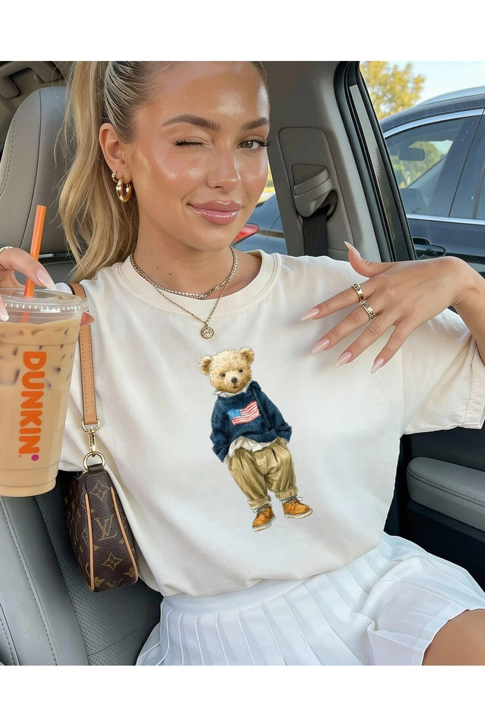 Oversize Kesim Kısa Kollu Bear Baskılı T-shirt
