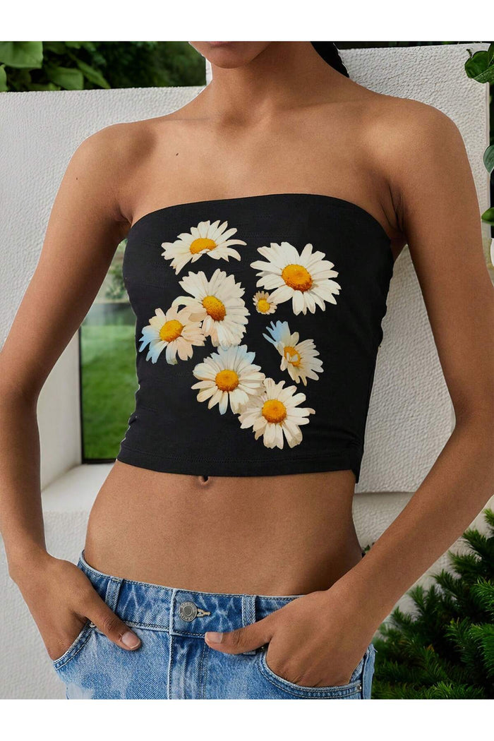 Kadın Siyah Fitilli Baskılı  Straplez Tube Top Crop Bluz