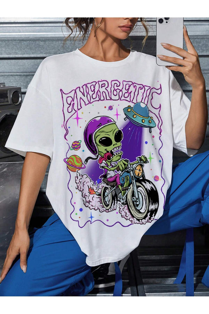 Unisex Beyaz Baskılı Organik Pamuk Oversize Kesim T-shirt