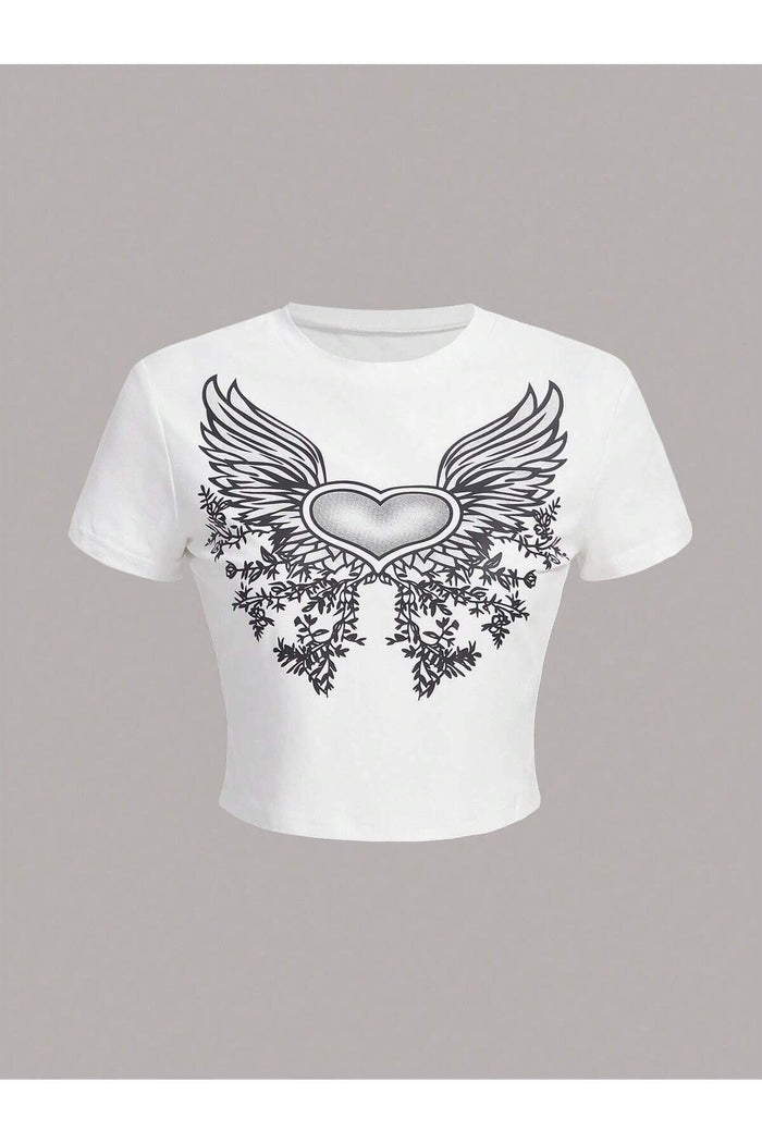 Kadın Beyaz Baskılı Kısa Kollu Vücuda Oturan Crop Top