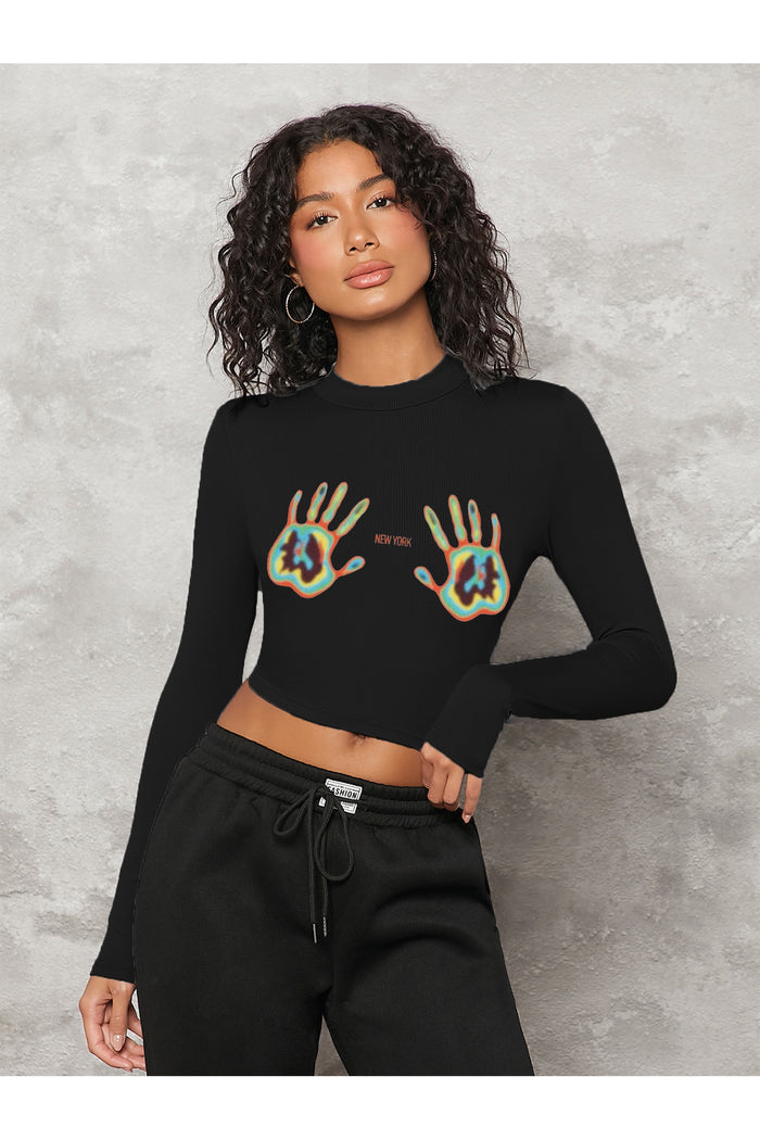 Kadın Siyah Baskılı Bisiklet Yaka Uzun Kollu Fitilli Crop Bluz