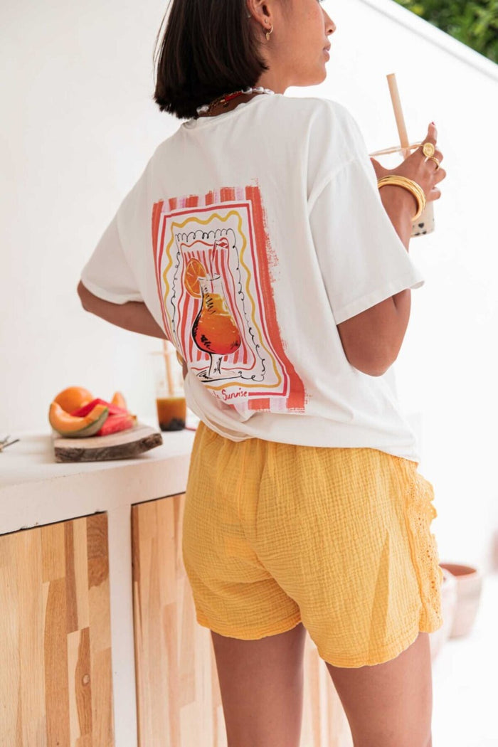 Amalfi Serisi Beyaz Baskılı Kısa Kollu Organik Pamuk Oversize Tshirt