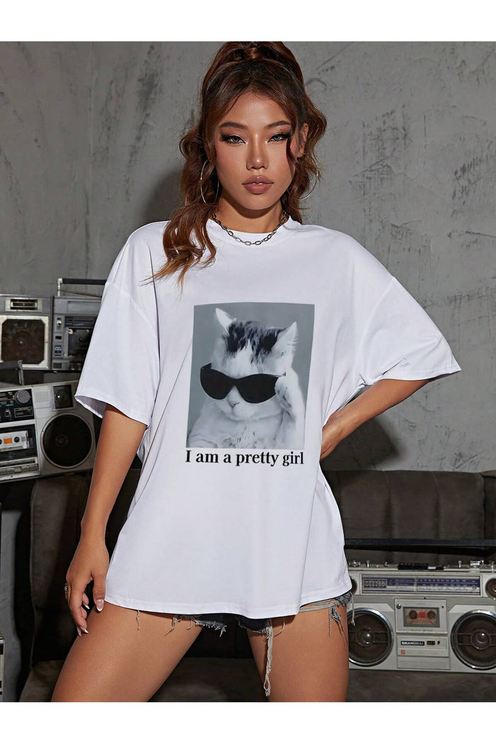 Beyaz Baskılı Organik Pamuk Oversize Kesim T-shirt