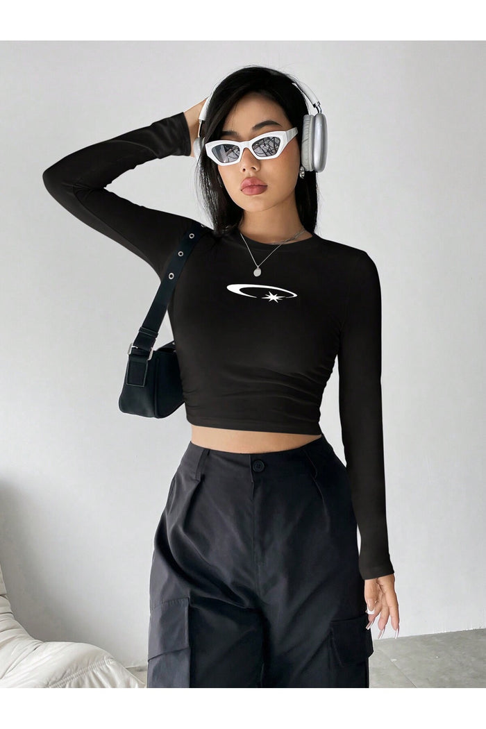 Kadın Siyah Baskılı Bisiklet Yaka Uzun Kollu Y2K Fitilli Crop Bluz