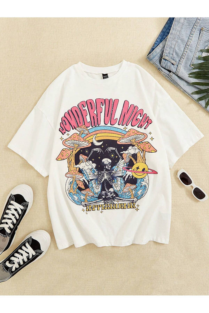 Beyaz Baskılı Organik Pamuk Oversize Kesim T-shirt
