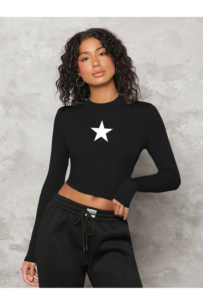 Kadın Siyah Baskılı Bisiklet Yaka Uzun Kollu Fitilli Crop Bluz