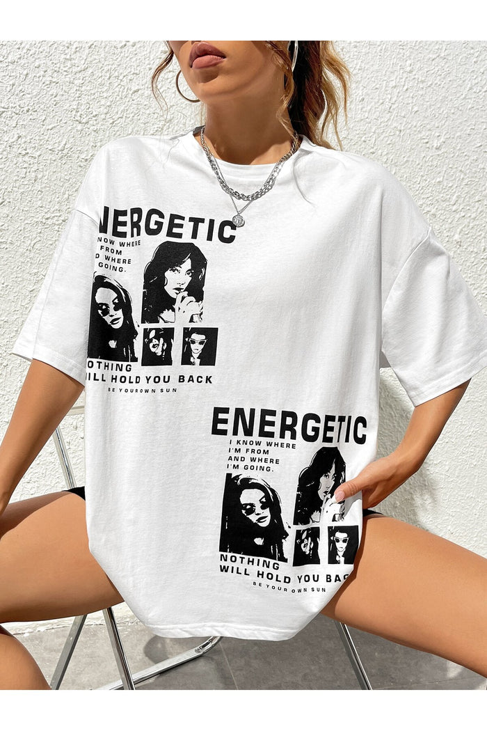 Unisex Beyaz Baskılı Organik Pamuk Oversize Kesim T-shirt