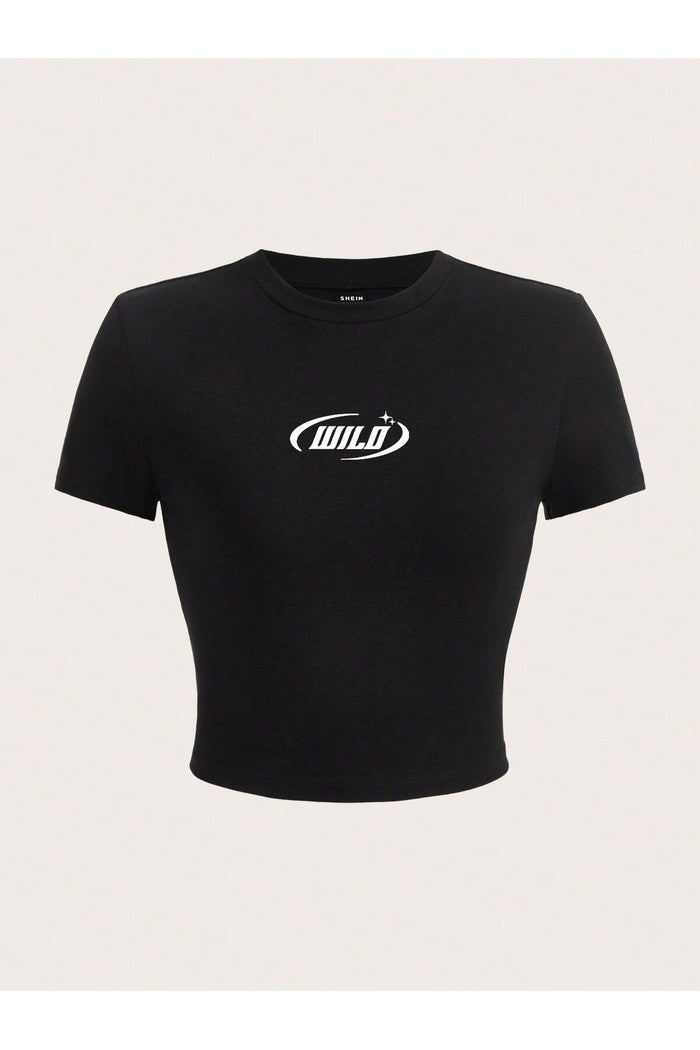Kadın Siyah Baskılı Kısa Kollu Crop Bluz