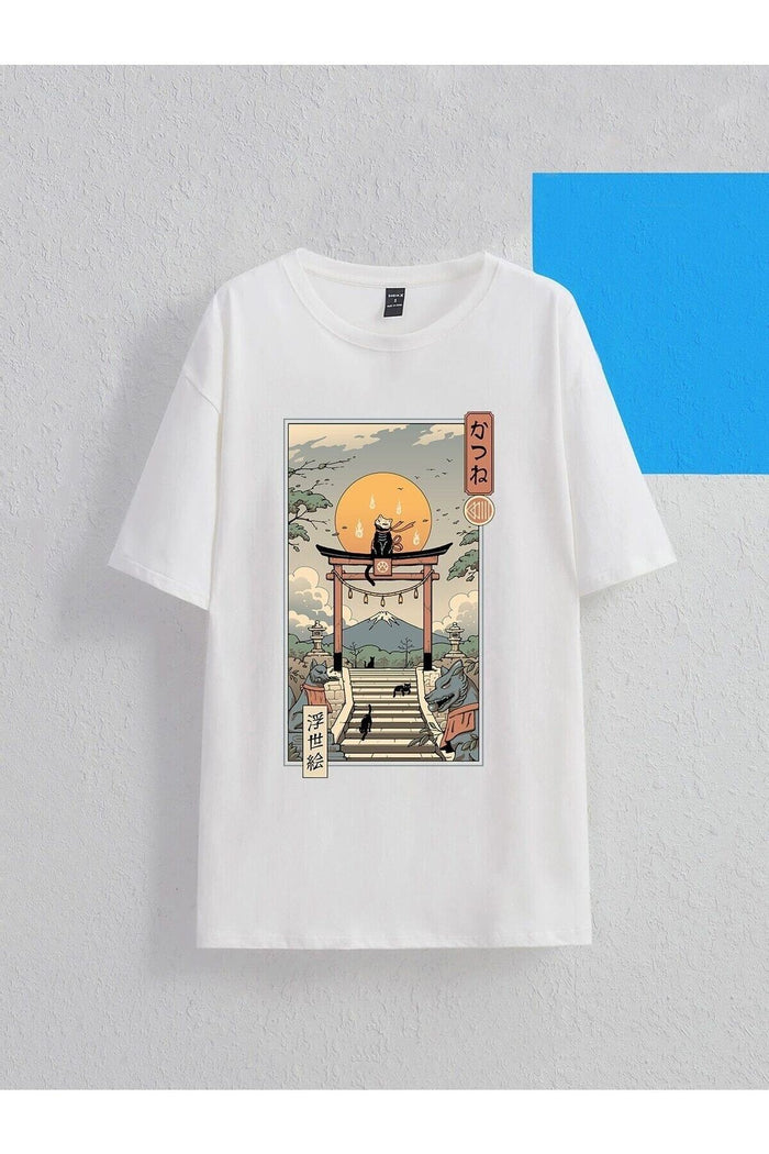 UNISEX BEYAZ BASKILI OVERSIZE KESİM KISA KOLLU T-SHIRT