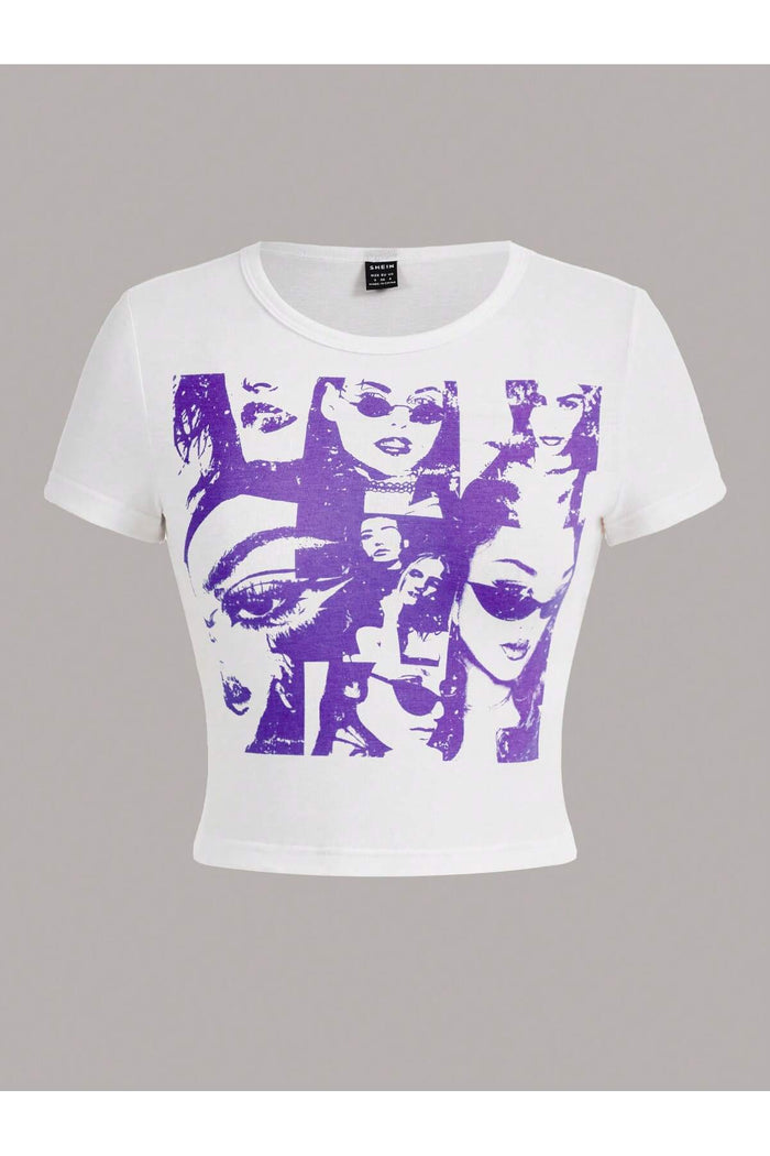 Kadın Beyaz Baskılı Kısa Kollu Crop Bluz