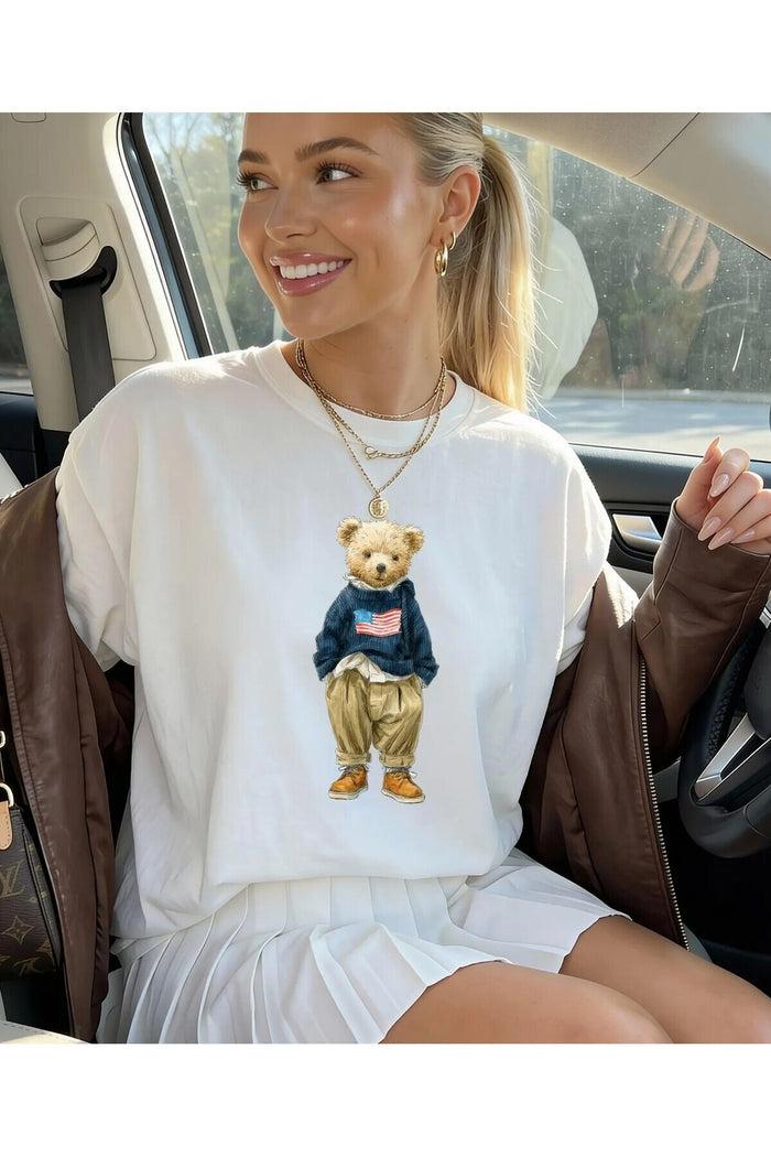 Oversize Kesim Kısa Kollu Bear Baskılı T-shirt