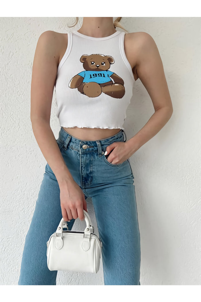 Kadın Bear Baskılı Beyaz Fitilli Örme Kumaş Esnek Kumaş Halter Yaka Crop Top