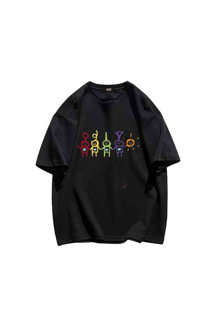 Unisex Streetwear Serisi Siyah Baskılı Bisiklet Yaka Oversize Kesim T-shirt